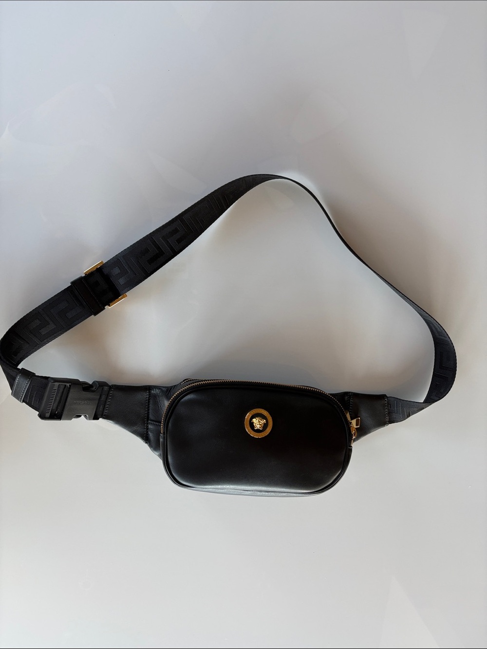 Men's Versace Black Leather Medusa Belt Bag with Signature Strap